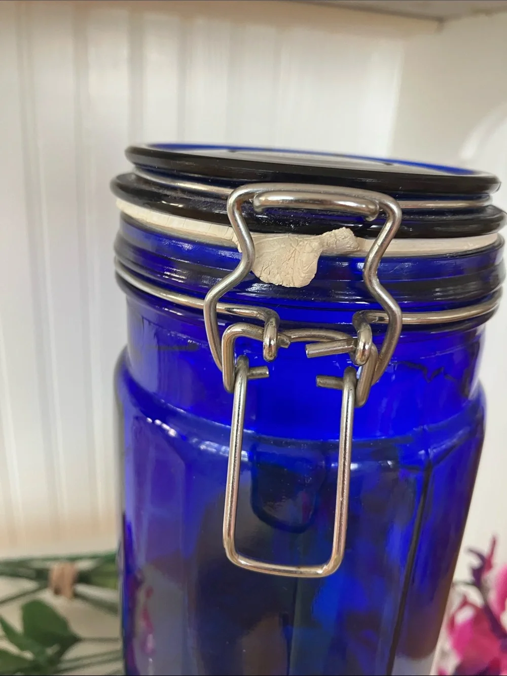 Cobalt Blue Cylinder Glass Jar With Wire Clamp Hinged Lid